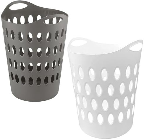 Large Tall Lightweight Plastic Grey White Washing Clothing Laundry Utility Baskets With Handles (1, Grey)