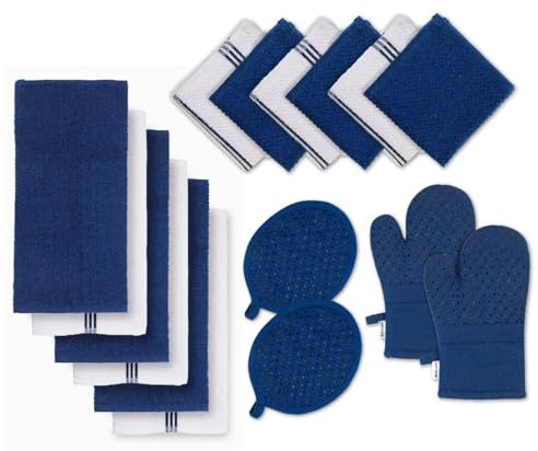 LANE LINEN 16 Pc Kitchen Towel Set - Silicone Oven Mitts & Pot Holders - Cotton Kitchen Towels, Absorbent Dish Towels, Hand Towels - Indigo