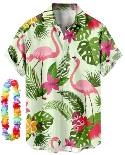CIZEUR Chemise hawaïenne Homme Imprimée à Manches Courtes Colorées- Fleurs -Ananas -Coco-Flamants Roses,L GN-Flamants Roses