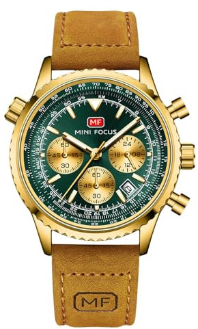 rorios Multifunktional Herrenuhren Luftfahrt Flug Chronograph Armbanduhren Einfach Quarz Uhren Freizeit Edelstahl Uhr für Männer Herren mit Leder Armband Grün Gold