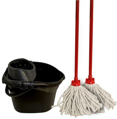 KMJ Black Mop and Buckets Sets with 2X Mops & Detachable Wringer- Classic Cleaning Plastic Mop and Bucket- Durable Plastic Bucket and Floor Mop Microfibre Mop and Bucket Set
