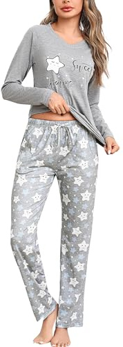 Litherday Schlafanzug Damen Lang Baumwolle Pyjama Set Zweiteiliger Langarm | Nachtwäsche mit Taschen V-Ausschnitt für Herbst & Winter