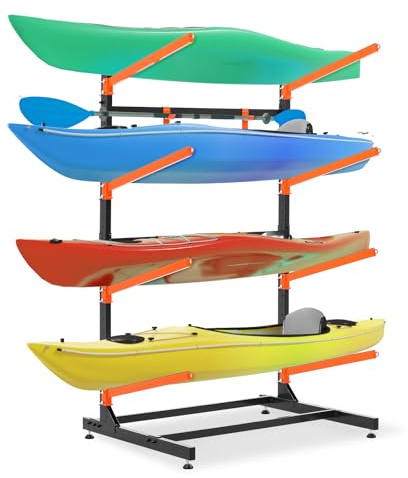 UOKRR 4 Kayak Storage Rack, Heavy Duty Freestanding Kayak Racks Outdoor | Adjustable Kayak Stand, Kayak Garage Storage Rack for Kayaks, Canoes, Surfboard & Paddleboard. Superior Rust Protection