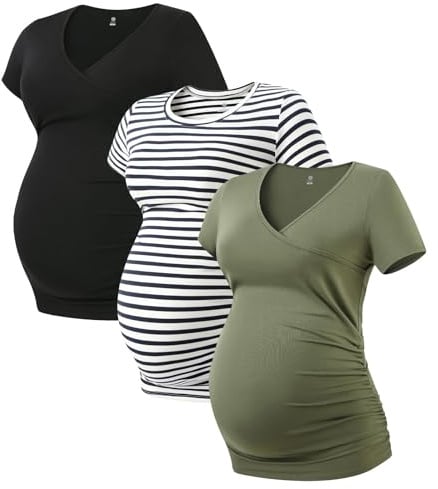 LAPASA Damen 3 er Pack Umstandstop Umstandsmode Umstandskleidung Tops Schwangerschaft Kurzarm Umstands T-Shirt L55