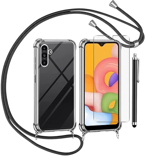 TTSWJBD Coque pour Samsung Galaxy A16 avec Verre Trempé Protection écran Cordon de Collier Réglable Chaîne Antichoc Transparente Silicone Lanyard Case, Housse Étui de Protection - Noir