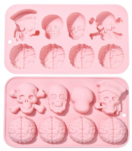 UR URLIFEHALL Lot de 2 moules en silicone pour Halloween, tête de mort, cerveau, chocolat, pâtisserie, gelée, bonbons, gâteaux, biscuits, desserts
