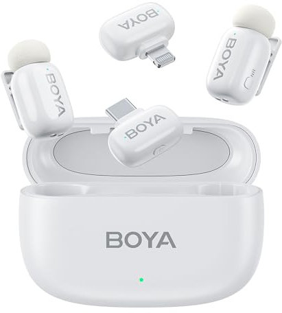 BOYA Boyamini-13 (White) 4in1 Microphone for Android/iPhone,with Intelligent Noise Cancellaation and Charging Case, Metal Clip on Mic Vlogging TikTok YouTube Content Creators