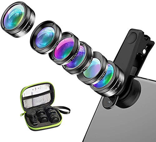 Kit di obiettivi 6 in 1 con clip per fotocamera cellulare, obiettivo universale per smartphone, con obiettivo grandangolare/obiettivo macro/obiettivo fisheye/filtro ND CPL/filtro stella, per iOS