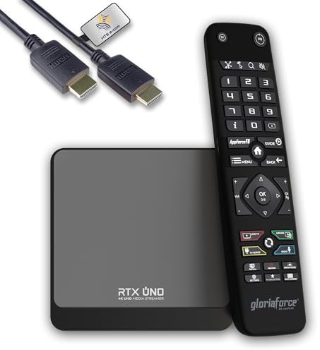 GloriaForce RTX UNO 4K UHD Android 11.0 TV Box 2GB RAM,16 GB Flash, 1 GBps LAN, 5G WLAN, App Force II, S905X4 Quad core ARM Cortex A55, ARM G31 GPU, BT Fernbedienung, HTS e-com HDMI