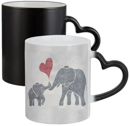 Giftme Heart Baby Elephant and Mum Elephant, Ceramic Heart Handle Mug, Colour Changing Magic Mug.