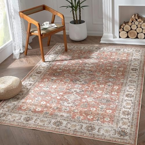 OUZUIU Area Teppich Wohnzimmer Vintage Blumen rutschfest Faltbar Dünner Waschbar Läufer Bodenbelag für Innenbereich Büro Restaurantkorridor Schlafzimmer Küche Ziegelrot 150x240cm Carpet