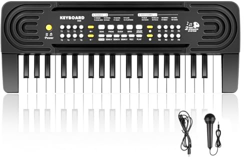 Electronic Keyboard Piano 61 Keys with LED Light, Shayson Portable Digital Pianos Music Keyboard with Microphone, Sheet Music Stand, Piano Note Stickers, Best Gift for Kids Beginners (Black)