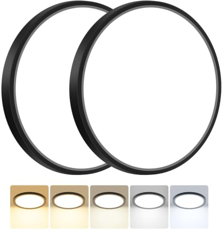 Peasur 2Stück Deckenlampe LED Deckenleuchte Flach,5Farben-3000/3500/4000/5000/6500K,Wasserfest Badezimmer Lampe Decke,24W Modern Rund Lampe für bad flur schlafzimmer Wohnzimmer,300 * 16mm,Schwarz