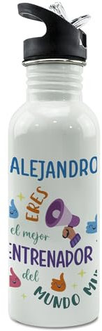 Botella personalizada. Botella termica agua. Cantimplora metálica. Water bottle. Regalos originales para hombre. Regalo entrenador. Straw Stop 600ml. Entrenador de padel. Tenis. Boxeo. Futbol niños