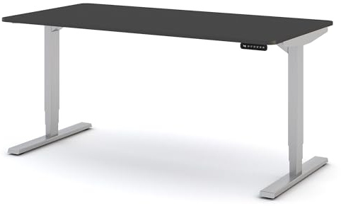 ASSMANN Höhenverstellbarer Schreibtisch elektrisch, 160x80cm, TÜV-geprüft | stufenlos verstellbar mit Aufprallschutz, ergonomischer Schreibtisch Made in Germany, abgerundete Ecken, Anthrazit/Silber
