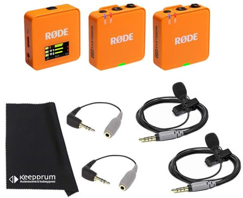 Rode Système de microphone sans fil GO Gen 3, 2 canaux, orange, avec 2 microphones à clipser Smartlav+, 2 adaptateurs SC3 et chiffon Keepdrum