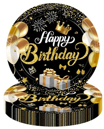 MOMAHUA 16Pcs Birthday Plates,Black Gold 9inch/23cm Paper Plate for Birthday Party,Desert Plates for Men Women Her Him,Party Supplies Table Decors