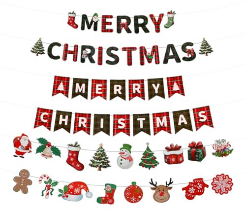 Tabanzhe Christmas Decorations Bunting Garland Set,4Pcs Xmas Hanging Banners Reusable for Fireplace,Window,Stairs,Home & Office,Merry Christmas Banner for New Year Holiday Party Decor