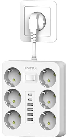 Regletas Enchufes, Ladron Enchufes con 6 Puertos USB y 6 Tomas | (4 USB A+2 USB C) Alargador Enchufe 2500W/10A, Enchufe Multiple para Casa, Oficina, Cocina, Blanco