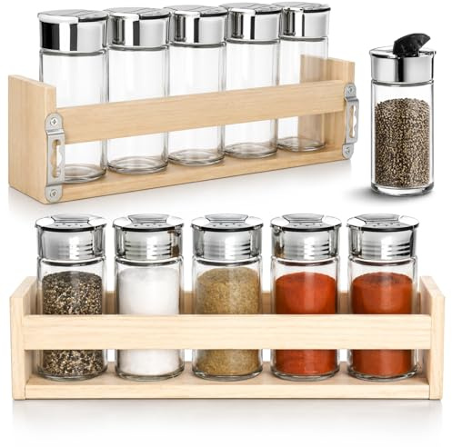 COM-FOUR® 12-delat kryddströare set, glasburkar med lock i trähylla | salt och peppar ströare för kök och förvaring i modern stil