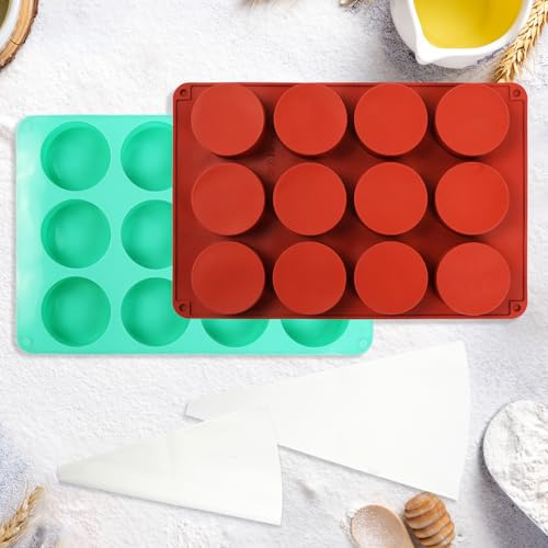 HUOMAQFAN 2Pcs 12-Cavity Round Silicone Moulds with Piping Bags, Non-Stick Baking Trays for Mini Cheesecake, Sandwich Cookies, Jello Shots & More, Reusable Food Grade Bakeware