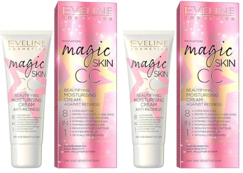 Eveline Cosmetics Magic Skin CC Feuchtigkeitscreme gegen Rötungen 8-in-1 mit Hyaluronsäure und Vitamin E, 50ml (Packung mit 2)
