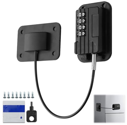 Serrure de Porte de Réfrigérateur à Code 4 Chiffres Sécurité Renforcée Sans perçage avec Câble Acier ABS Épais Installation Adhésive pour Cuisine Maison Fenêtre Placard Usage Domestique
