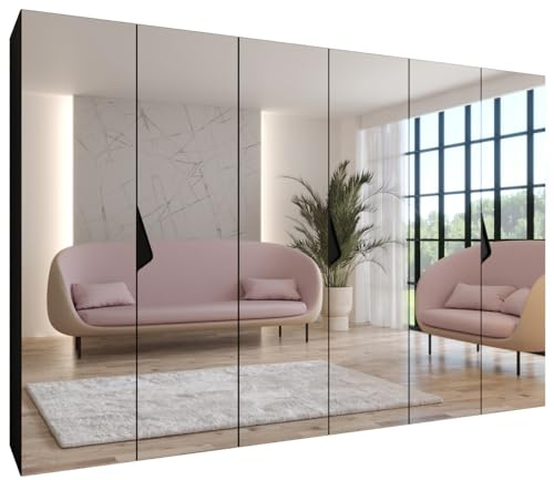 MEBLE KRYSPOL - Kleiderschrank - Garderobenschrank - 300 cm x 202 x 52 cm - Schrank mit Kleiderstange und Spiegel, 6 Türen - für Schlafzimmer, Flur - SANDI, Schwarz, Griff Schwarz