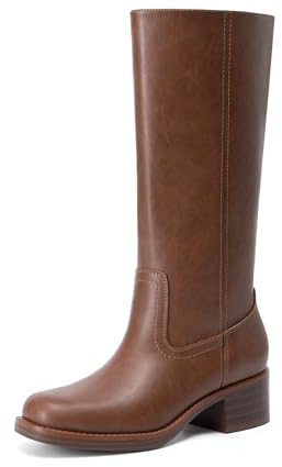 DREAM PAIRS Women's Mid Calf Riding Square Toe Retro Boots | Western square toe, 1,9 stacked heel, slip-on, PU lining, 5mm footbed