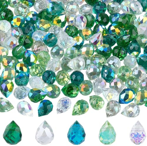 SOFPLATE 150 Stück 5 Farben Tropfenförmige Glasperlen Grün Facettierte Kristall Perlen Glasanhänger Grün Glänzenden Transparenten Sonnenfänger Anhänger Für Schmuck basteln DIY-Bastelideen Dekoration
