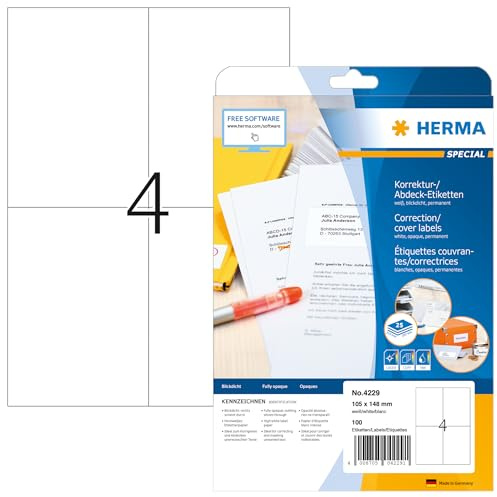 HERMA Self Adhesive Correction Labels, 4 Labels per A4 Sheet, 25 Sheets, 105 x 148 mm, 100 Labels, Blank Opaque Labels Stickers, Sticky Labels for Laser & Inkjet Printer, White