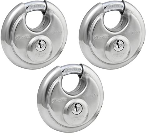 Master Lock 40TRI - Lucchetto a disco rivestito in acciaio inox con corpo largo 6,5 cm, confezione da 3