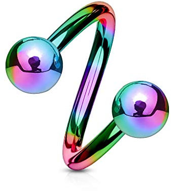 viva-adorno® Lippenpiercing Chirurgenstahl Labret Spirale Twister Doppelkugel Z400, Regenbogen 1,2x10x4mm