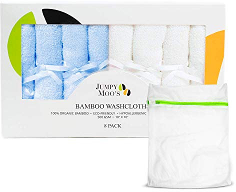 JM Baby Waschlappen - 100% Bambus, ultra-dick 500 g/m², schützt vor Reizungen und Ausschlägen, 25 x 25 cm, Babywaschlappen für Neugeborene, Wickeltisch-Zubehör, inkl. Geschenkverpackung und Wäschesack