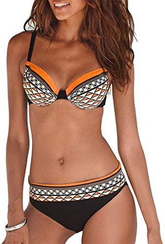 Vintage Femme Maillot de Bain Deux Pièces Elégant Amincissante Push Up Bikini Tribal Print Ensemble de Bikini (Orange, L)