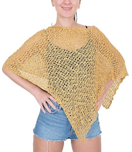 Mimosa Damen Schlichtes Stretch-Fischnetz häkeln Fledermaus Kleiner Poncho im Popcorn-Stil Stricken (One Size, Mustard)