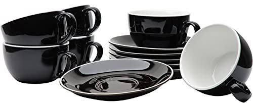 Gastro Spirit - 12-teiliges Milchkaffee-Tassen Set - Schwarz, 350 ml, Porzellan, dickwandig, spülmaschinenfest, italienisches Design - 6er XL Cappuccino/Kaffee-Tassen Set mit Untertassen