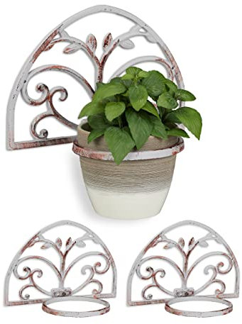 3 Soportes Macetas Pared de Estilo Vintage, Hierro Fundido, Blanco, Ø 14,5 cm