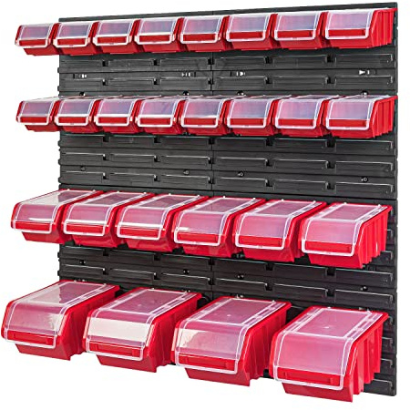 PAFEN Stapelbox Wandregal - 772 x 780 mm - Lagersystem 26 Stück Boxen mit Deckel - Lagerregal Sichtlagerkästen Schüttenregal, Rot
