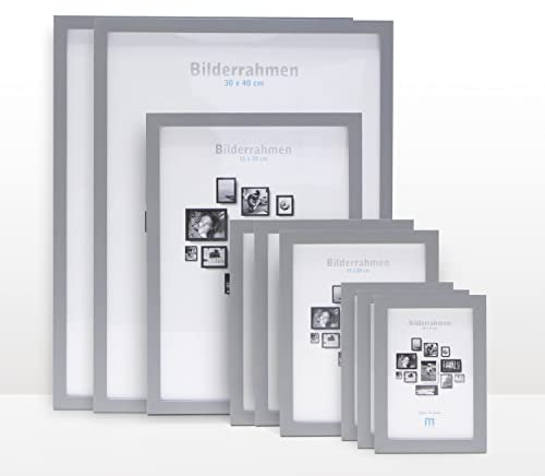 9 tlg. Foto Bilderrahmen-Set in Grau in verschiedenen, unterschiedlichen Größen. Für Fotowände & Bilderwände mit grauen Bilderrahmen, Hochformat & Querformat geeignet. Von 10x15cm bis 30x40cm