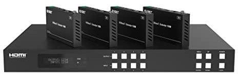 FOURKAY 4x4 4K over Cat6/7 Ethernet Matrix Switch with 4 Receivers. HDBasT. 150m range. 4K -> 1080p downscaling. Audio Extraction. 1U rack mountable.