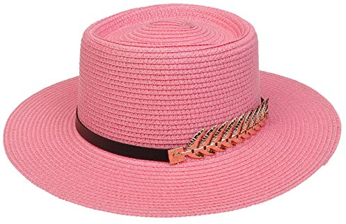 JK Home Femme Chapeau de Paille Panama Large Bord avec Boucle Rose