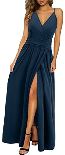 Newshows Sommerkleid Damen Lang Maxikleid Sommer V Ausschnitt Kleid Schlitz Freizeitkleid Elegant für Hochzeitsgast (Marine,XL)