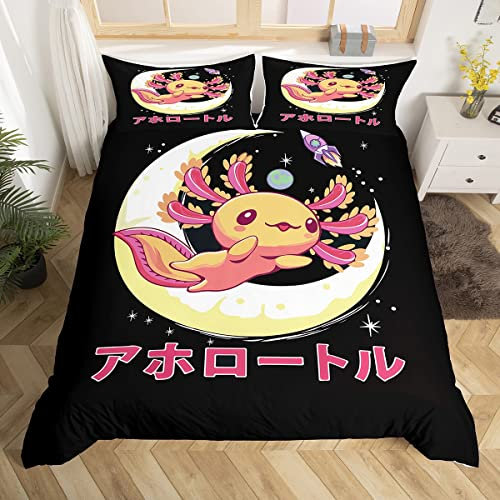 Axolotl-Bettwäscheset für Kinder Niedliches Salamander Bettwäsche Mädchen Kawaii Ozean Meereslebewesen Reptil Bettbezug für Kinder Jugendzimmer Mond Weltraum Schlafzimmer Bettwäsche 135x200cm schönes