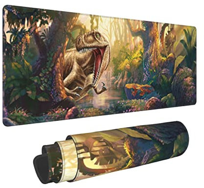 Grand tapis de souris dinosaure dans la forêt - Grand tapis de souris de jeu - XL - Bords cousus - Antidérapant - 80 x 20 cm