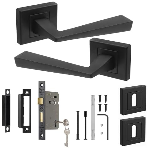 Decoranddecor Matt Black Door Handles Internal Lock and Keys Square Rose | CE marked, two keys, built to last, Bedroom Door Handle with Lock, fits 35-45 mm doors, Helix Range