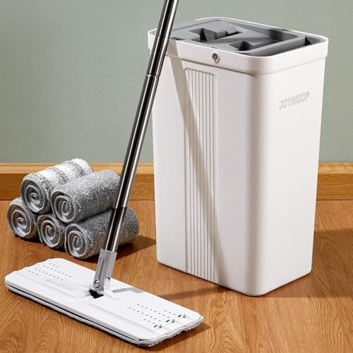 JOYMOOP Mop and Bucket with Wringer Set, Flat Mop and Bucket, Wet and Dry, Includes 5 Reusable Microfiber Mop Pads, Ideal for Hardwood, Laminate Wood Flooring and Tile Cleaning