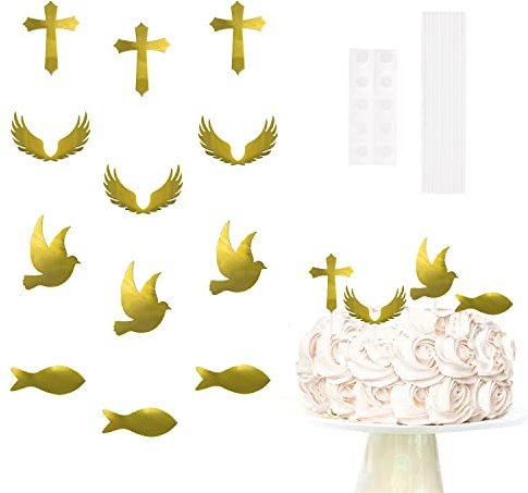 Oblique Unique® Konfirmation Torten Topper Fisch Taube Kreuz Flügel Motiv Cake Topper als Deko Kuchendeckel Dekoration für Taufe Kommunion Konfirmation Hochzeit