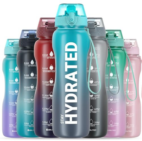 Gohippos Gourde 1L, Grande Gourde Sport Avec Paille et Marquage de l'heure, Bouteille d'eau Motivantes pour Rester Hydraté, Tritan, Sans BPA, Étanche, Pour le Gym Bureau l'école Fitness (1 Bouteille)