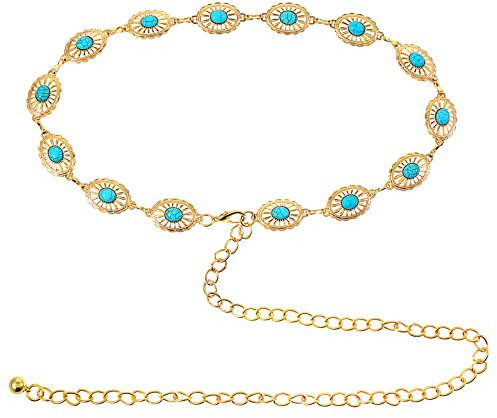 Cobee Concho Ketten Taillengürtel für Damen, türkisfarbener Western Metallgürtel, verstellbarer Cowgirl Gürtel mit Schnalle für Jeanskleider(Gold)